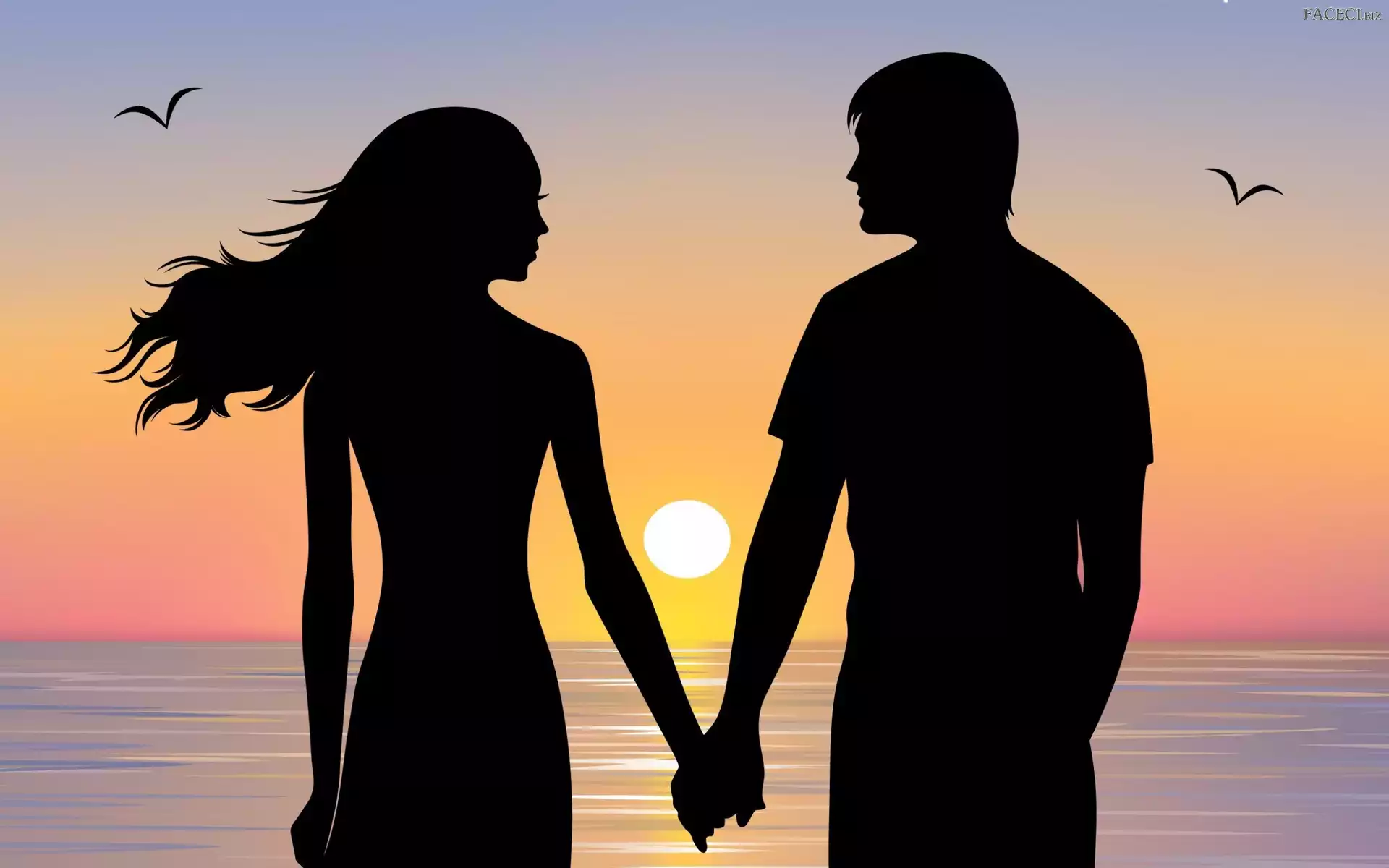 Zachód, Para, Mewy, Miłość, Morze, Słońca